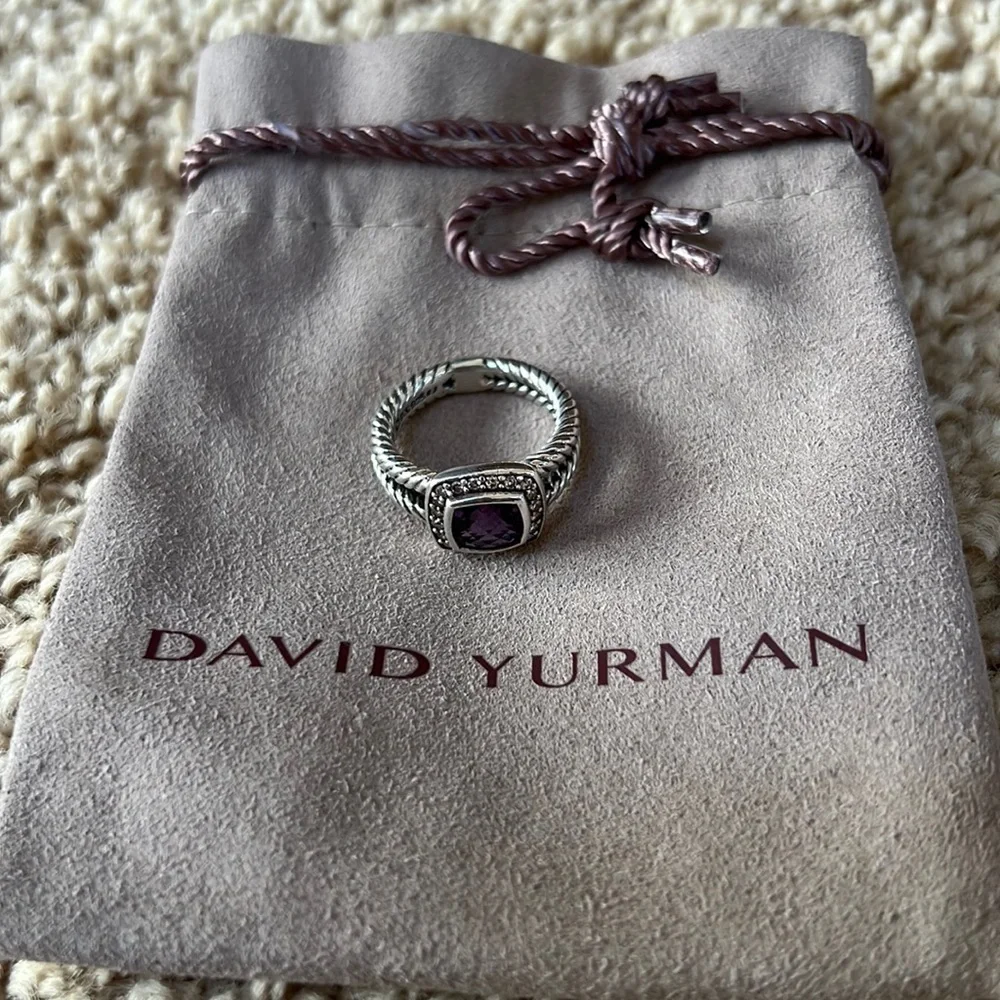 DAVID YURMAN Albion petite ring with amethyst stone and diamonds in size 6